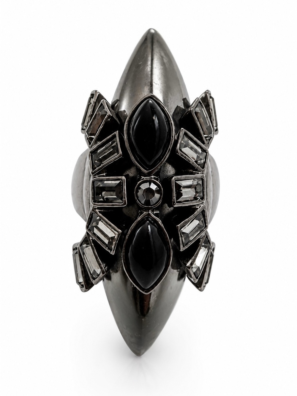 Givenchy Gunmetal Black Crystal Statement Cocktail Ring. Size 6